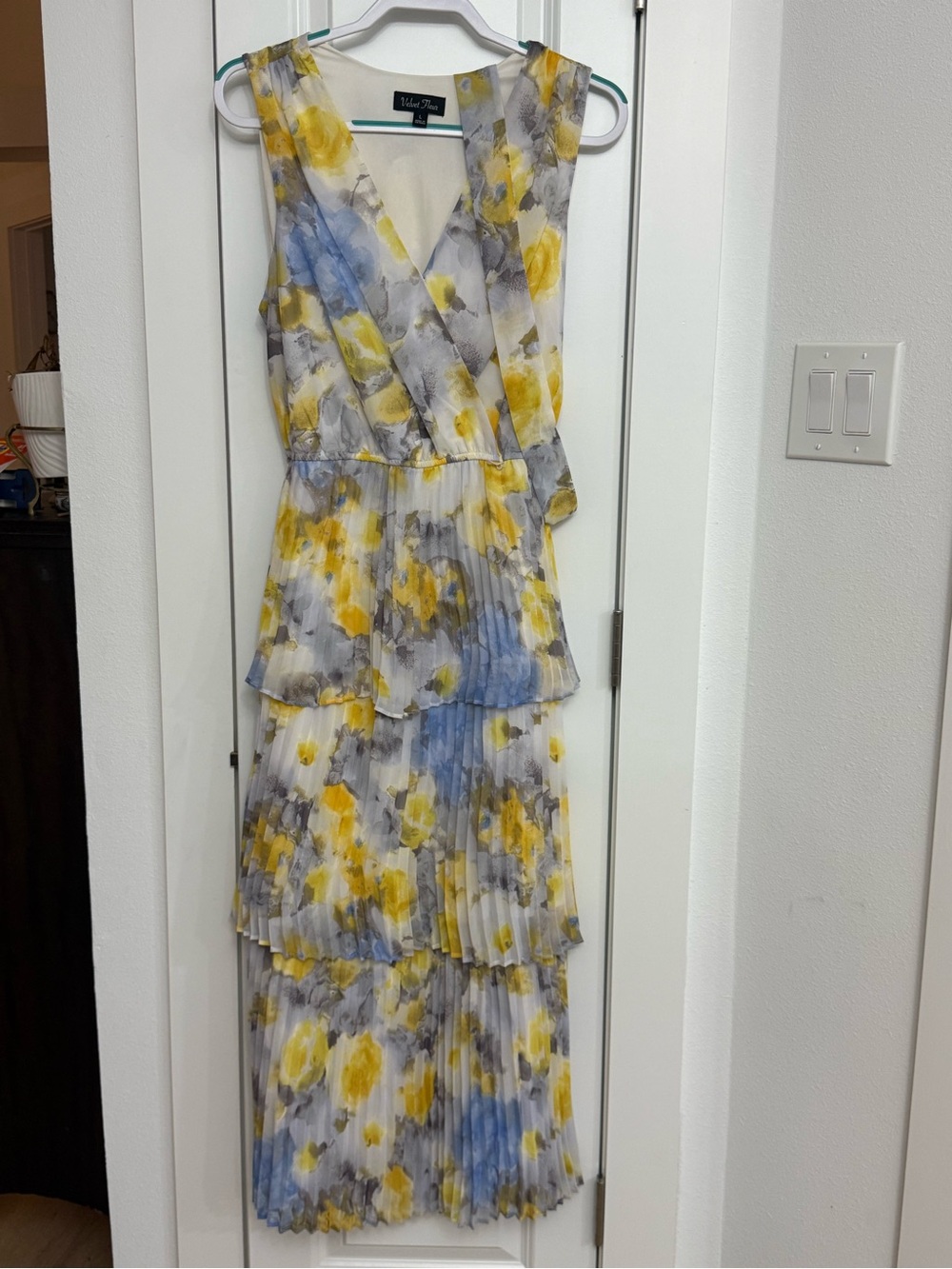 Tahari ASL Yellow Blue Gray Pleated Tiered Floral Maxi Dress